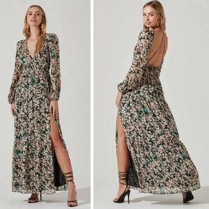 ASTR Francesca Floral Open Back Maxi Dress - Black Gold Multi - size large